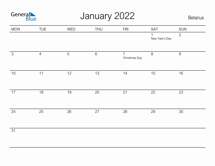 Printable January 2022 Calendar for Belarus