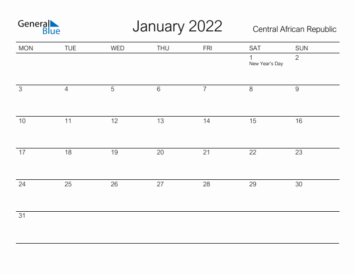 Printable January 2022 Calendar for Central African Republic