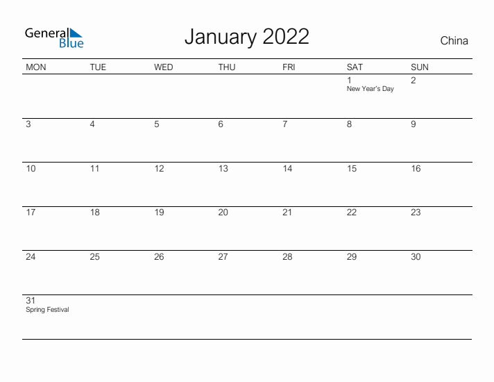 Printable January 2022 Calendar for China