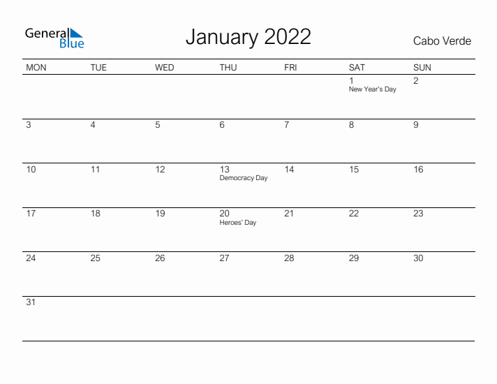 Printable January 2022 Calendar for Cabo Verde