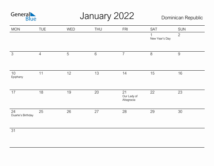 Printable January 2022 Calendar for Dominican Republic