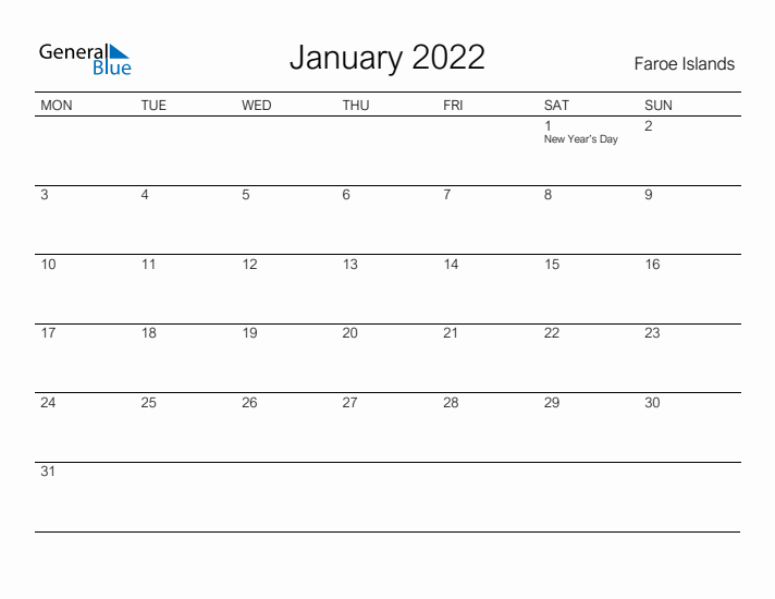Printable January 2022 Calendar for Faroe Islands
