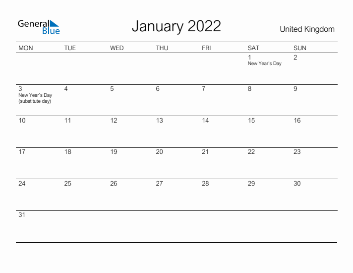 Printable January 2022 Calendar for United Kingdom