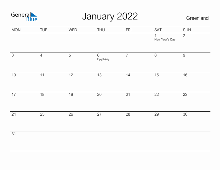 Printable January 2022 Calendar for Greenland