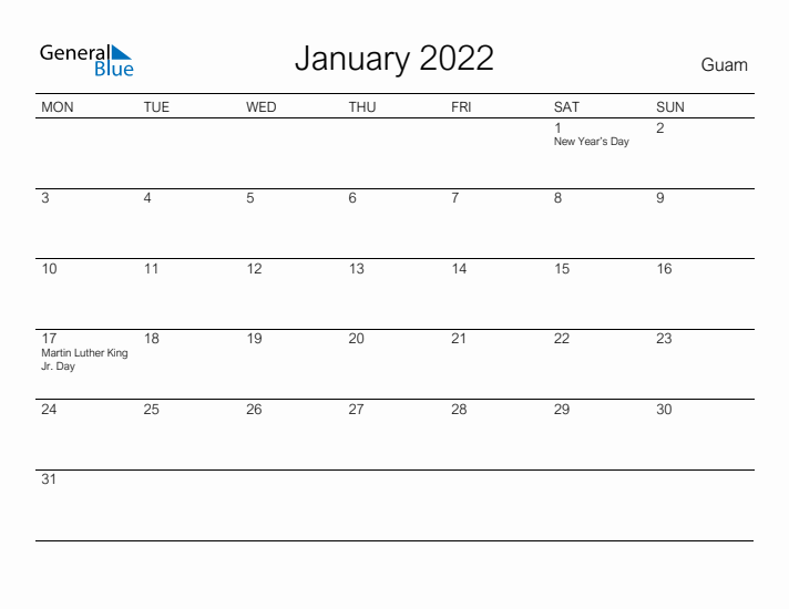 Printable January 2022 Calendar for Guam