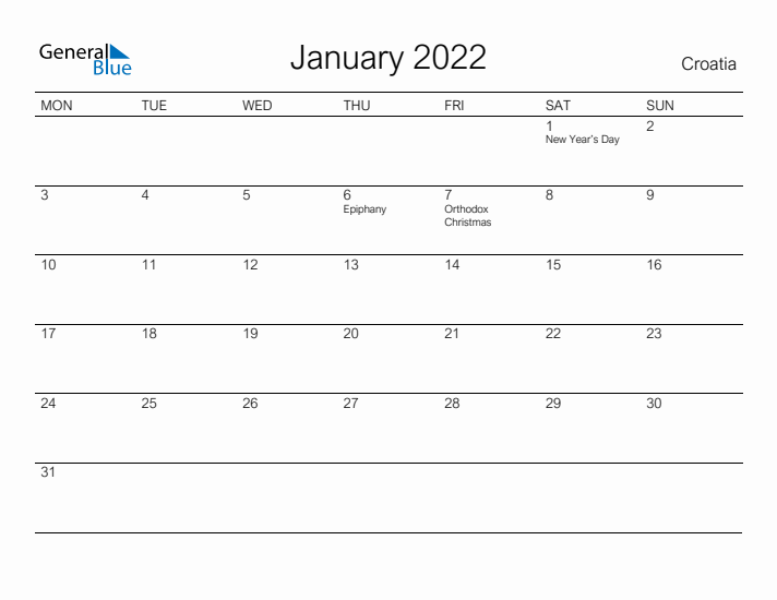 Printable January 2022 Calendar for Croatia
