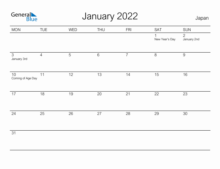 Printable January 2022 Calendar for Japan