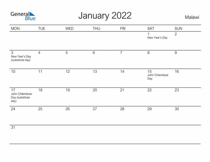 Printable January 2022 Calendar for Malawi