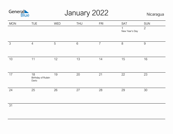 Printable January 2022 Calendar for Nicaragua
