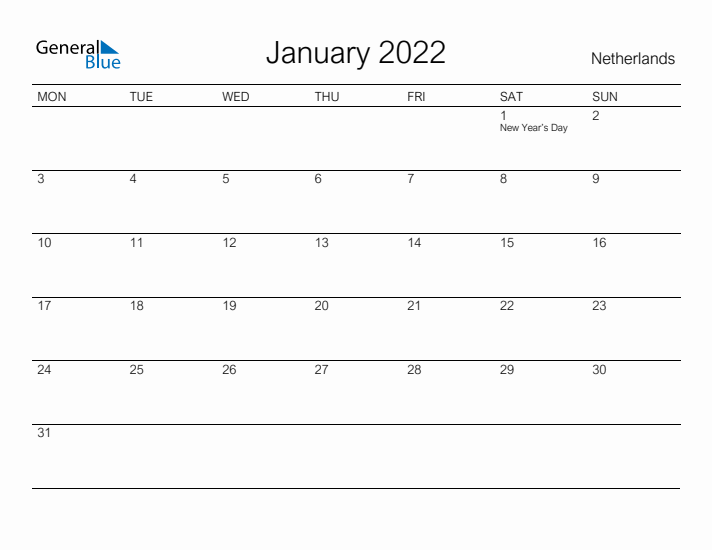 Printable January 2022 Calendar for The Netherlands
