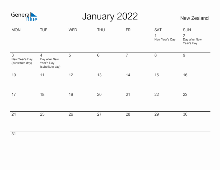 Printable January 2022 Calendar for New Zealand