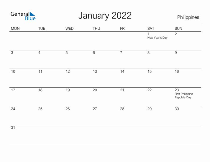 Printable January 2022 Calendar for Philippines