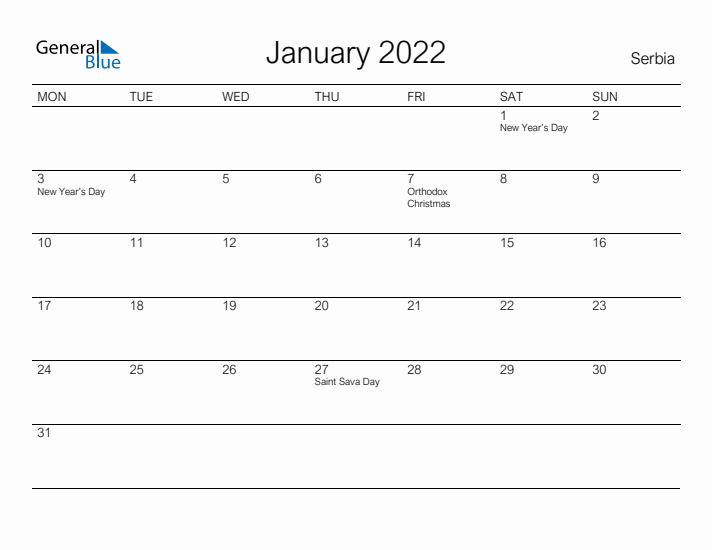 Printable January 2022 Calendar for Serbia
