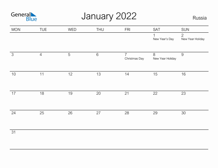 Printable January 2022 Calendar for Russia