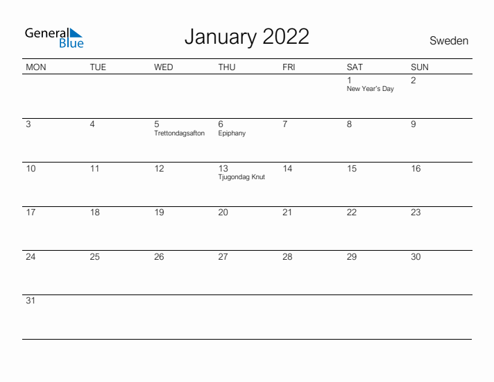 Printable January 2022 Calendar for Sweden