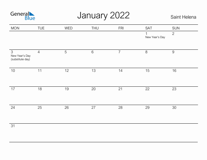 Printable January 2022 Calendar for Saint Helena