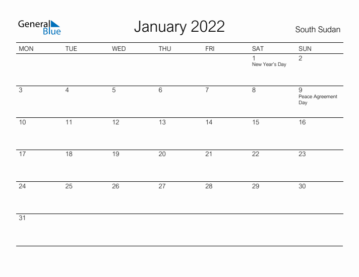 Printable January 2022 Calendar for South Sudan