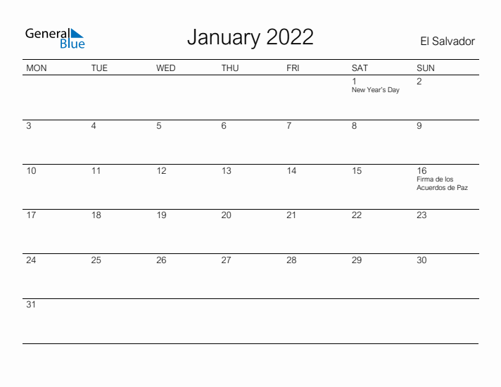 Printable January 2022 Calendar for El Salvador