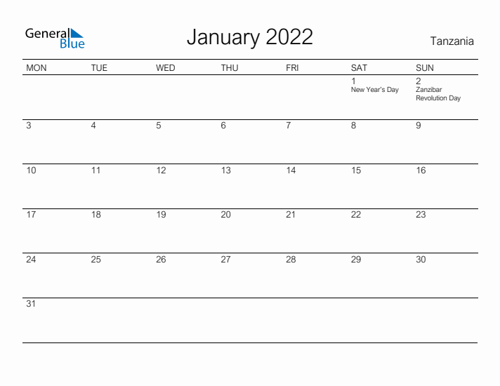 Printable January 2022 Calendar for Tanzania