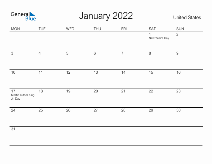 Printable January 2022 Calendar for United States
