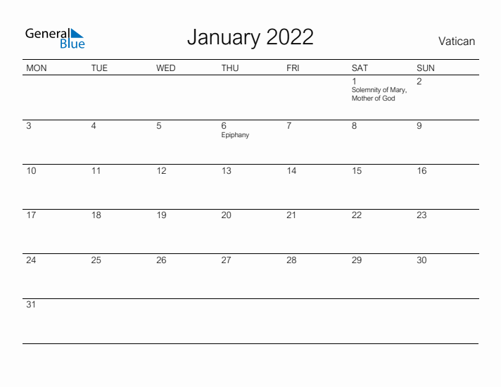 Printable January 2022 Calendar for Vatican