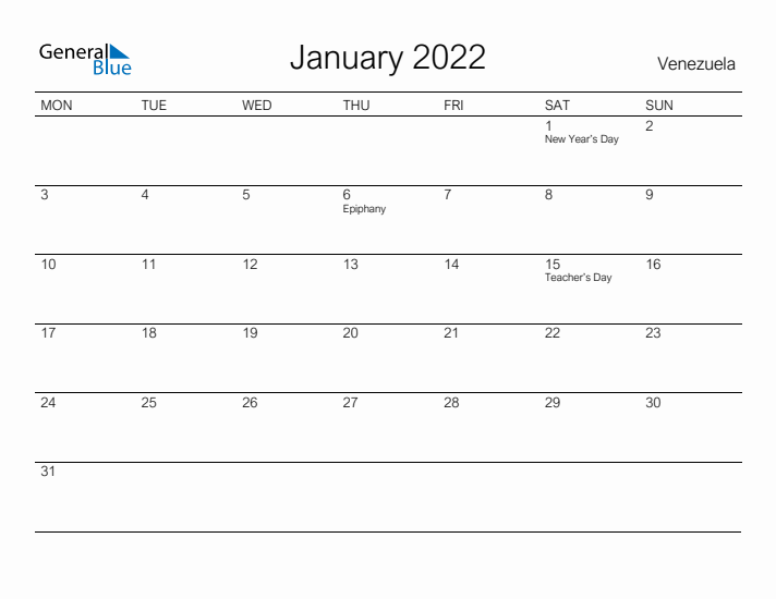 Printable January 2022 Calendar for Venezuela