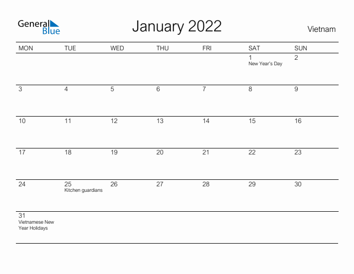Printable January 2022 Calendar for Vietnam