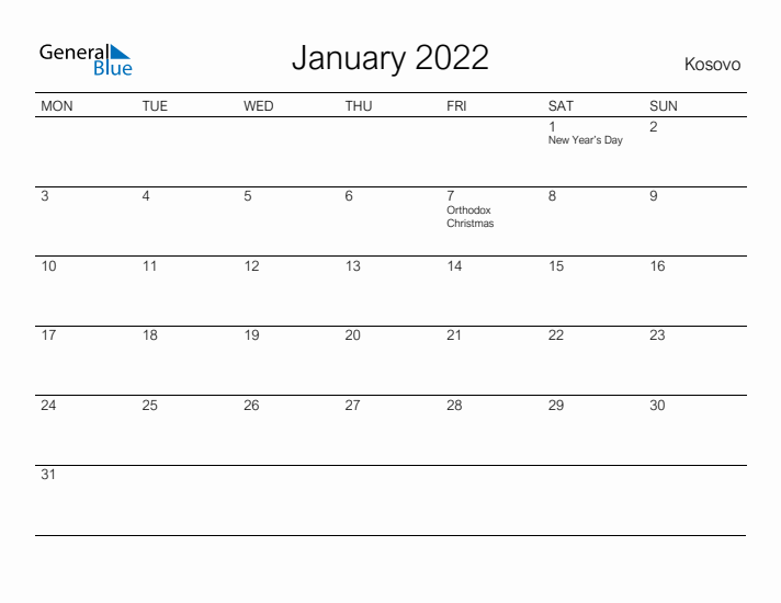 Printable January 2022 Calendar for Kosovo