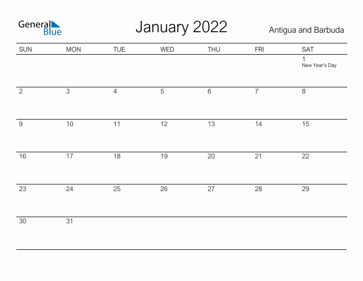Printable January 2022 Calendar for Antigua and Barbuda