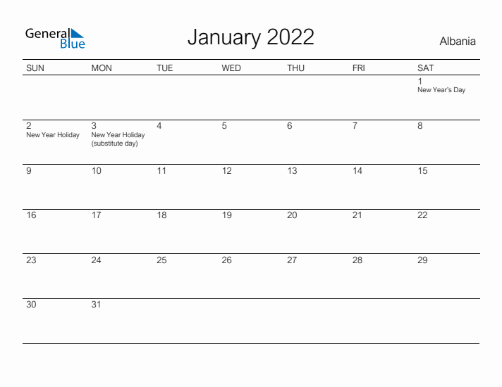Printable January 2022 Calendar for Albania