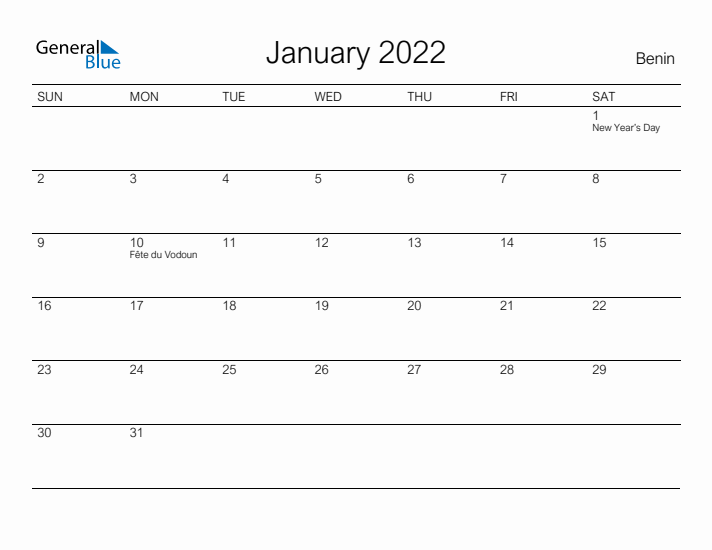 Printable January 2022 Calendar for Benin