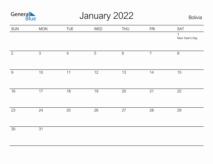 Printable January 2022 Calendar for Bolivia