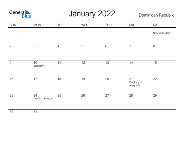 Printable January 2022 Calendar for Dominican Republic
