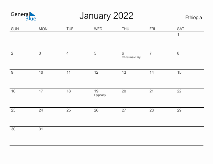 Printable January 2022 Calendar for Ethiopia