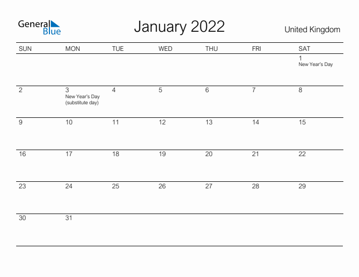 Printable January 2022 Calendar for United Kingdom