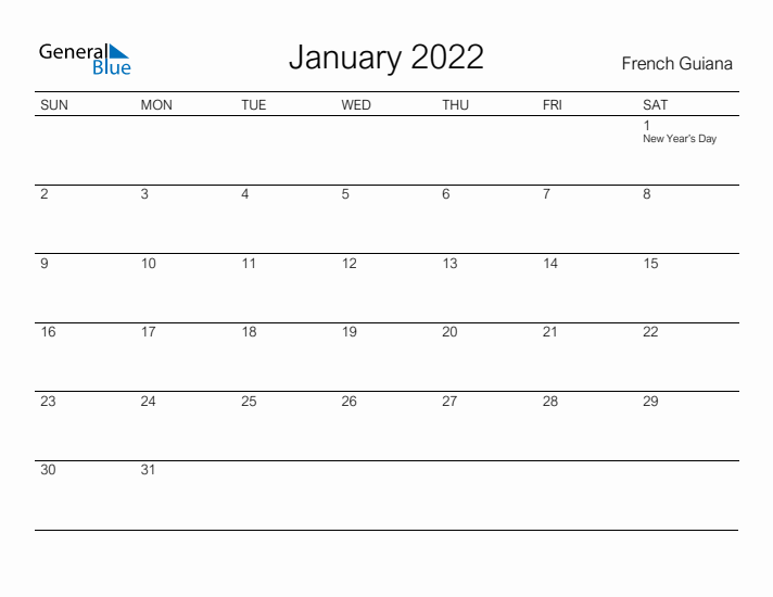 Printable January 2022 Calendar for French Guiana