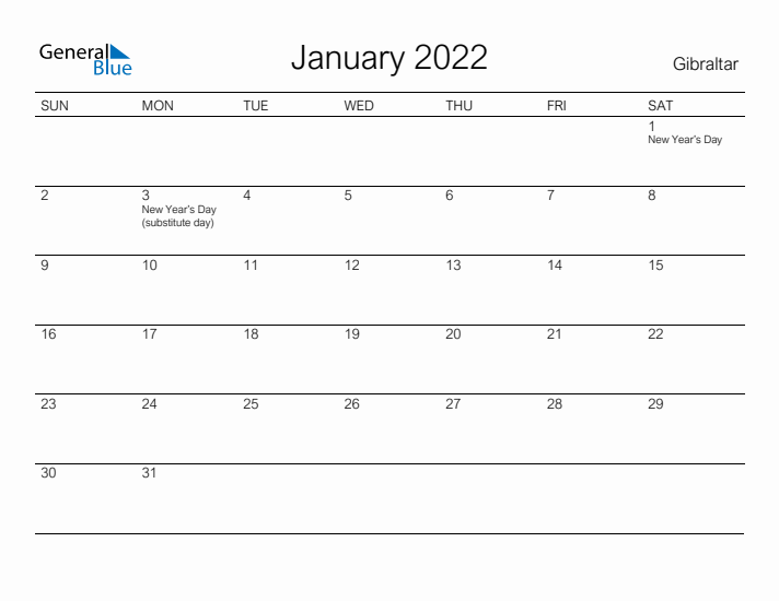 Printable January 2022 Calendar for Gibraltar