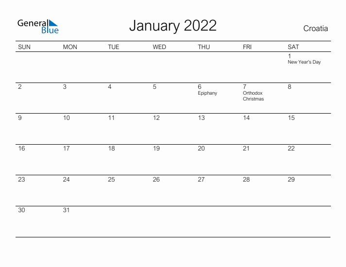 Printable January 2022 Calendar for Croatia