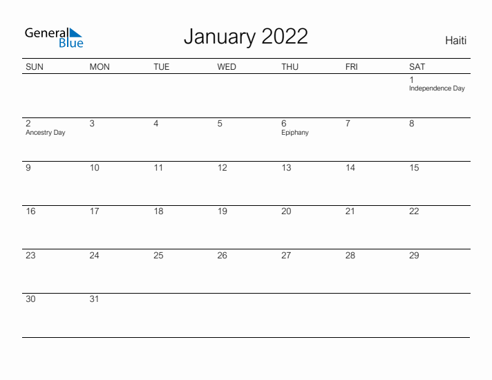 Printable January 2022 Calendar for Haiti