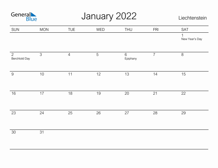 Printable January 2022 Calendar for Liechtenstein