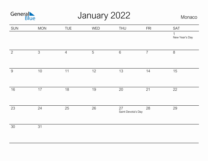 Printable January 2022 Calendar for Monaco