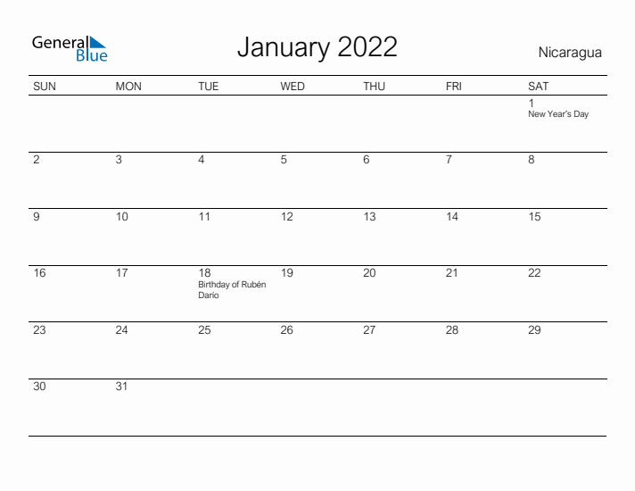 Printable January 2022 Calendar for Nicaragua