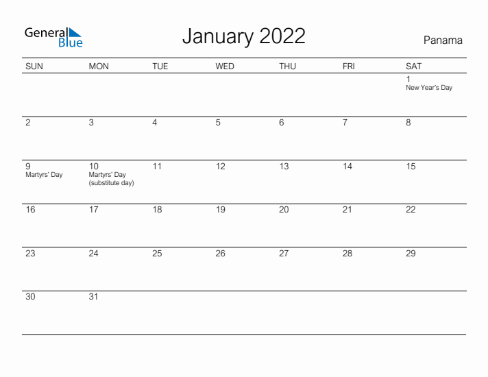Printable January 2022 Calendar for Panama