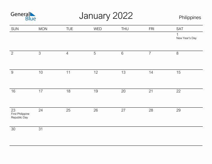 Printable January 2022 Calendar for Philippines