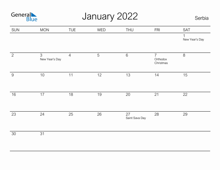 Printable January 2022 Calendar for Serbia