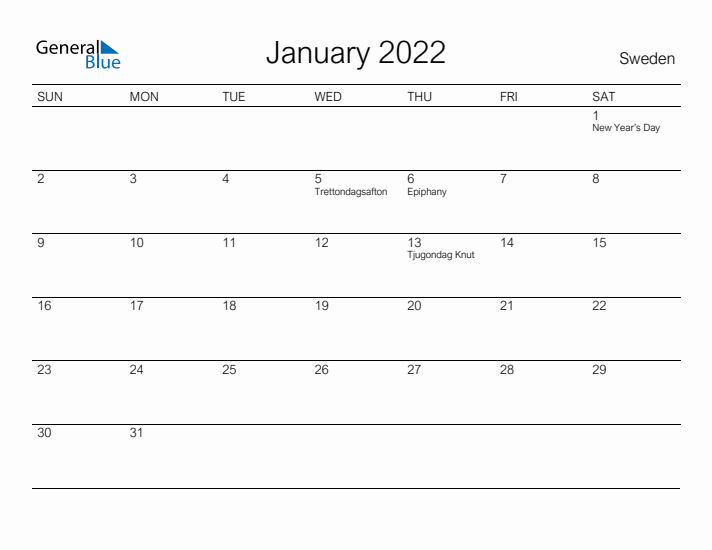 Printable January 2022 Calendar for Sweden