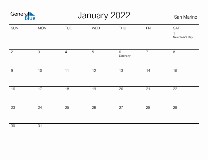 Printable January 2022 Calendar for San Marino