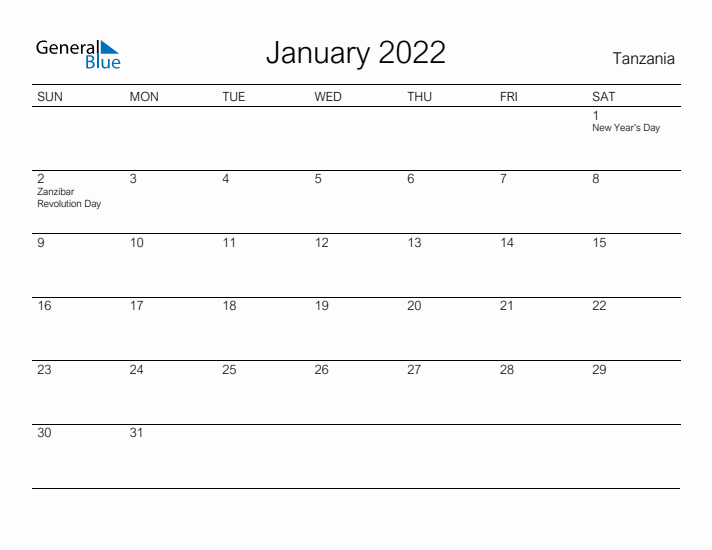 Printable January 2022 Calendar for Tanzania