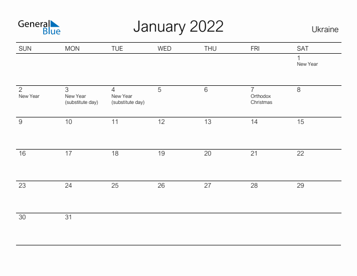 Printable January 2022 Calendar for Ukraine