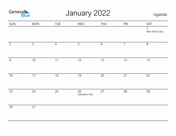 Printable January 2022 Calendar for Uganda
